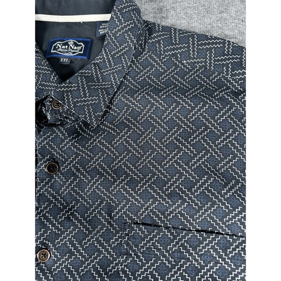 Nat Nast Mens XXL Button Down Shirt Blue Geometric‎ Silk Cotton Short Sleeve New - Picture 6 of 8
